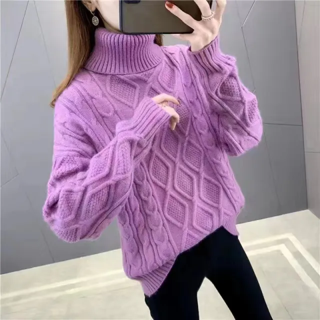 Women's Two lapel Korean Style Lazy Style Solid Color Thick Twist Sweater Pink Purple - Shop at LoveMi