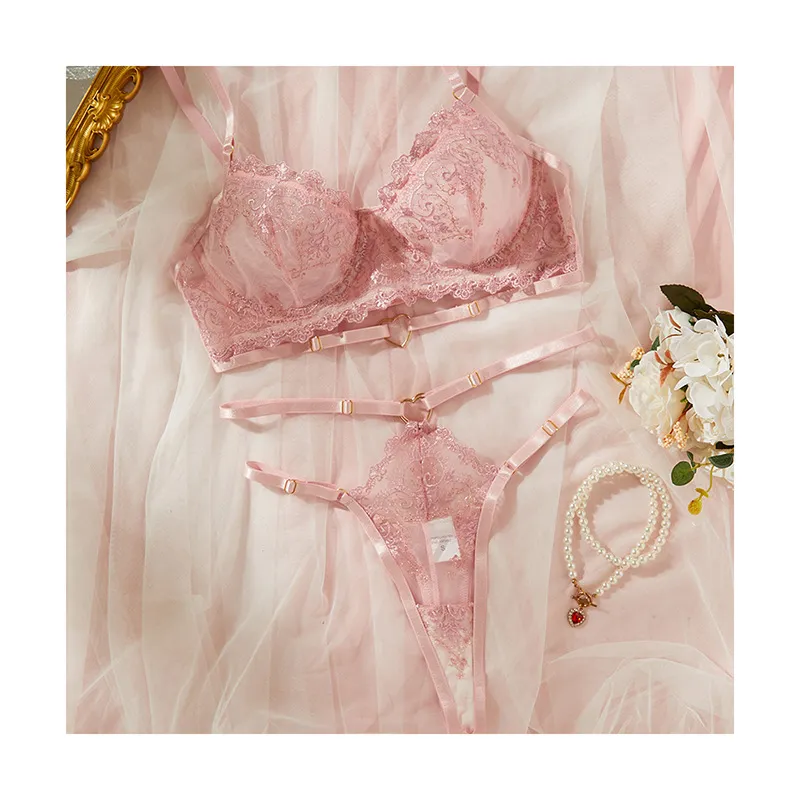 Lace Mesh Semi-transparent Push Up Girls' Underwear Suit - Pink