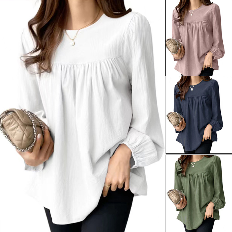 Womens Solid Color Loose Round Neck Plus Size Shirt