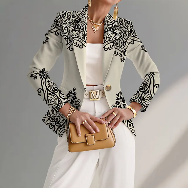 Elegant And Sophisticated Printed Knit Womens Jacket With A Lapel Neckline Khaki - Shop at LoveMi