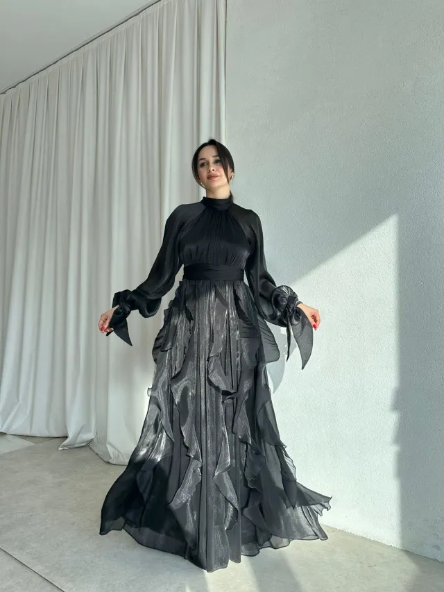New Long sleeved, Cinched waist Vintage Maxi Dress With Ruffled Hem Black - Shop at LoveMi