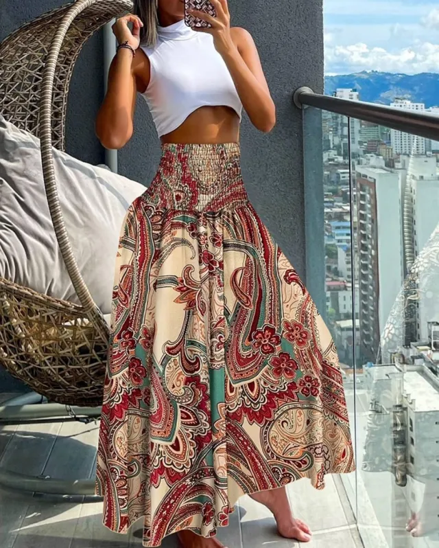 Women's High Waist Print Loose All match Dress Apricot Bottom Red Flower - Shop at LoveMi