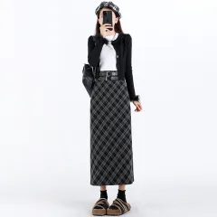 College Style High Waist Plaid Split A- Line Skirt - Black - View 1