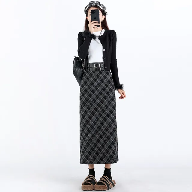 College Style High Waist Plaid Split A Line Skirt Black - Shop at LoveMi