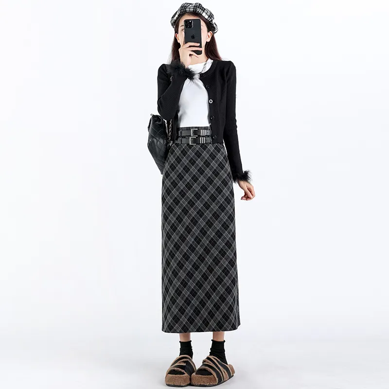 College Style High Waist Plaid Split A- Line Skirt - Black
