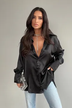 Single-breasted Long Sleeve Lapel Shirt Sexy Women Clothing - Black - View 1
