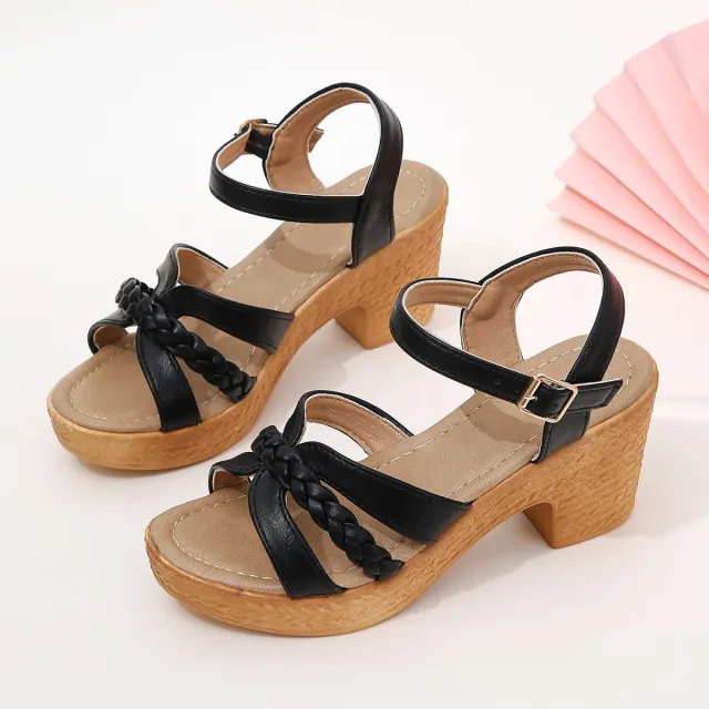 Foreign Trade Round Head Chunky Heel Ankle strap Buckle Sandals Black - Shop at LoveMi