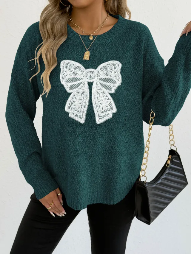 Women's Round Neck Embroidered Lace Butterfly Stitching Woven Sweater Dark Green - Shop at LoveMi