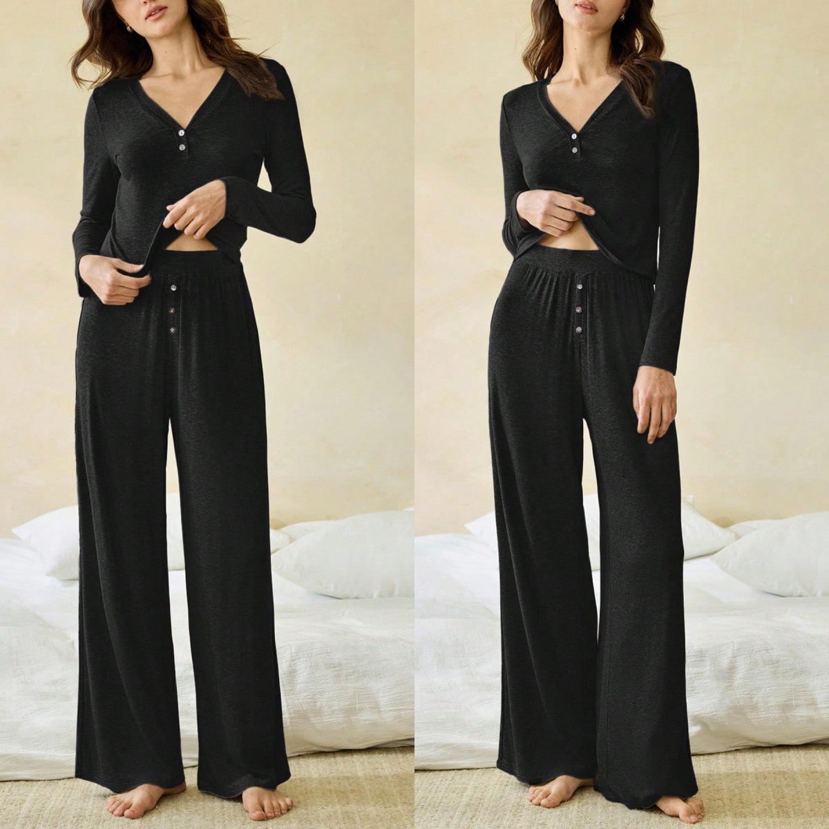 Casual Color Cotton Long-Sleeve Top And Pants Two-Piece Set