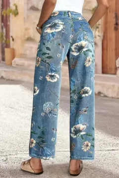 Women's Printed Denim Spring And Autumn Straight Wide-leg Pants - Light Blue - View 1