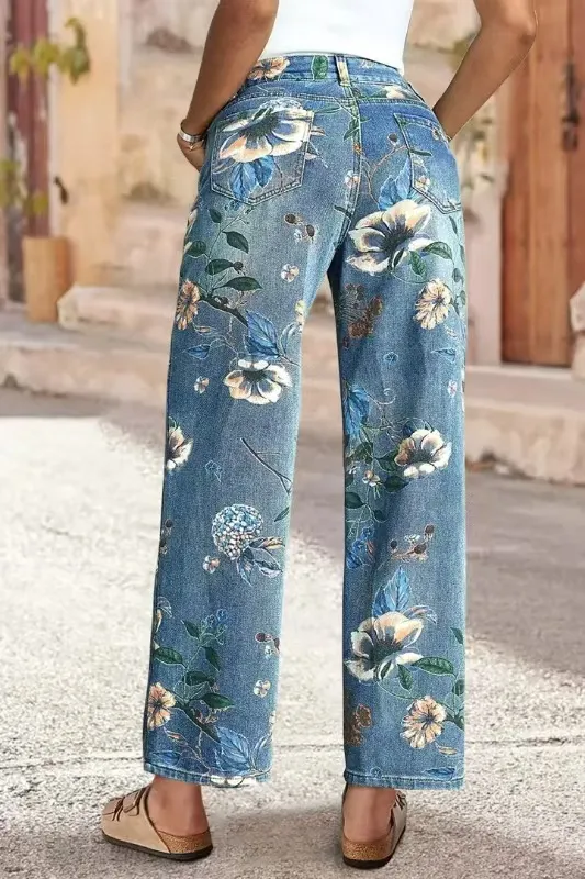 Women's Printed Denim Spring And Autumn Straight Wide leg Pants Light Blue - Shop at LoveMi