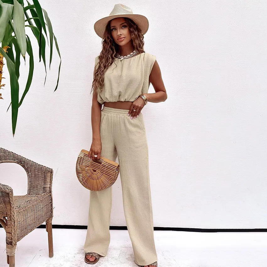 Simple Casual Crepe Cotton Suit Short Vest Straight-leg Pants - Khaki