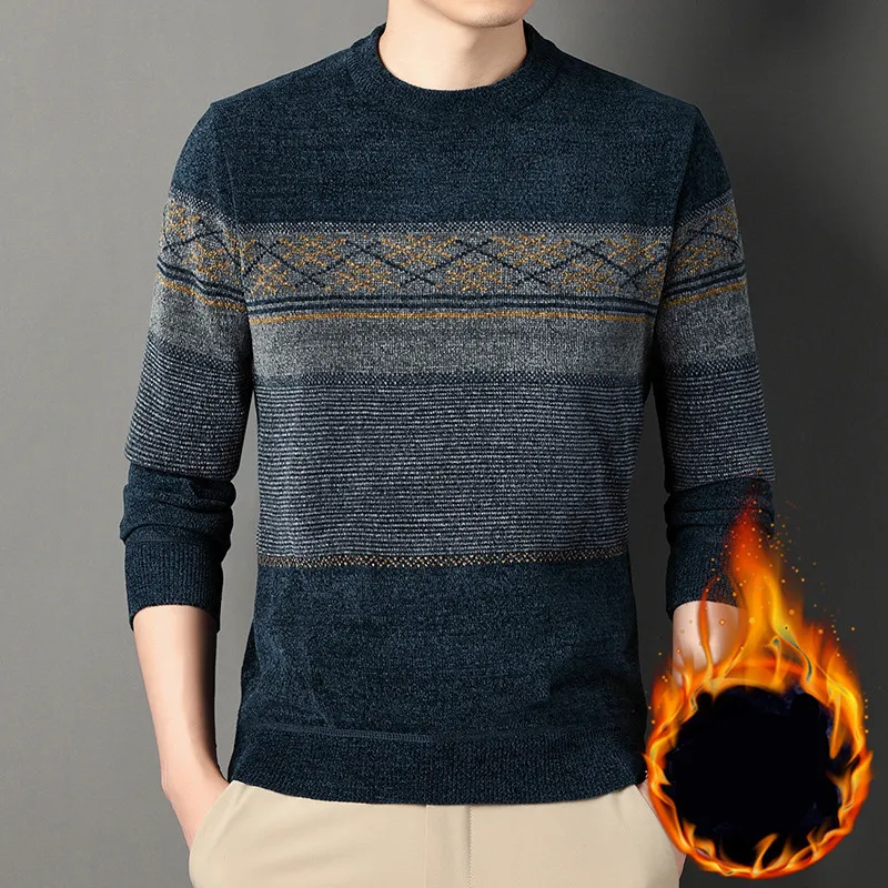 Chenille Velvet Padded Sweater Middle-aged Men's Clothing Thick Warm Jacquard