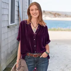 Women's Solid Colour Short-sleeved Round Neck Shirt - Violet Colour-S - View 1