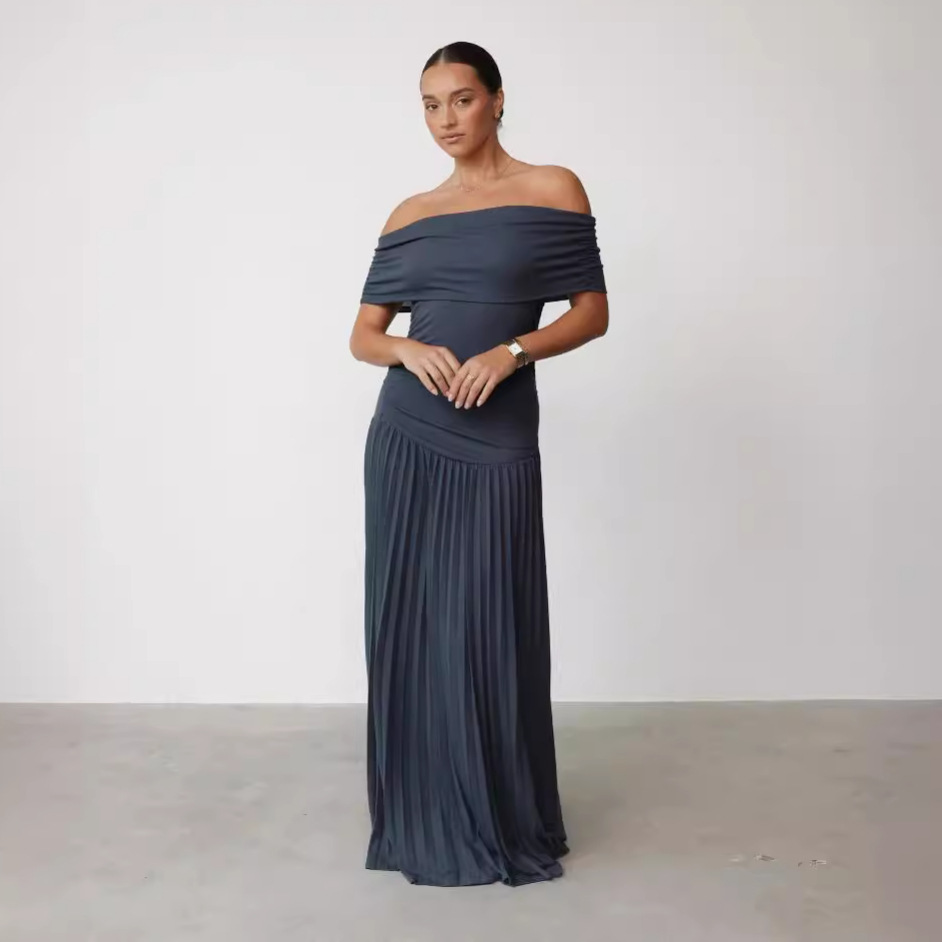 Off shoulder Pleated New Versatile Dress Navy - Shop at LoveMi