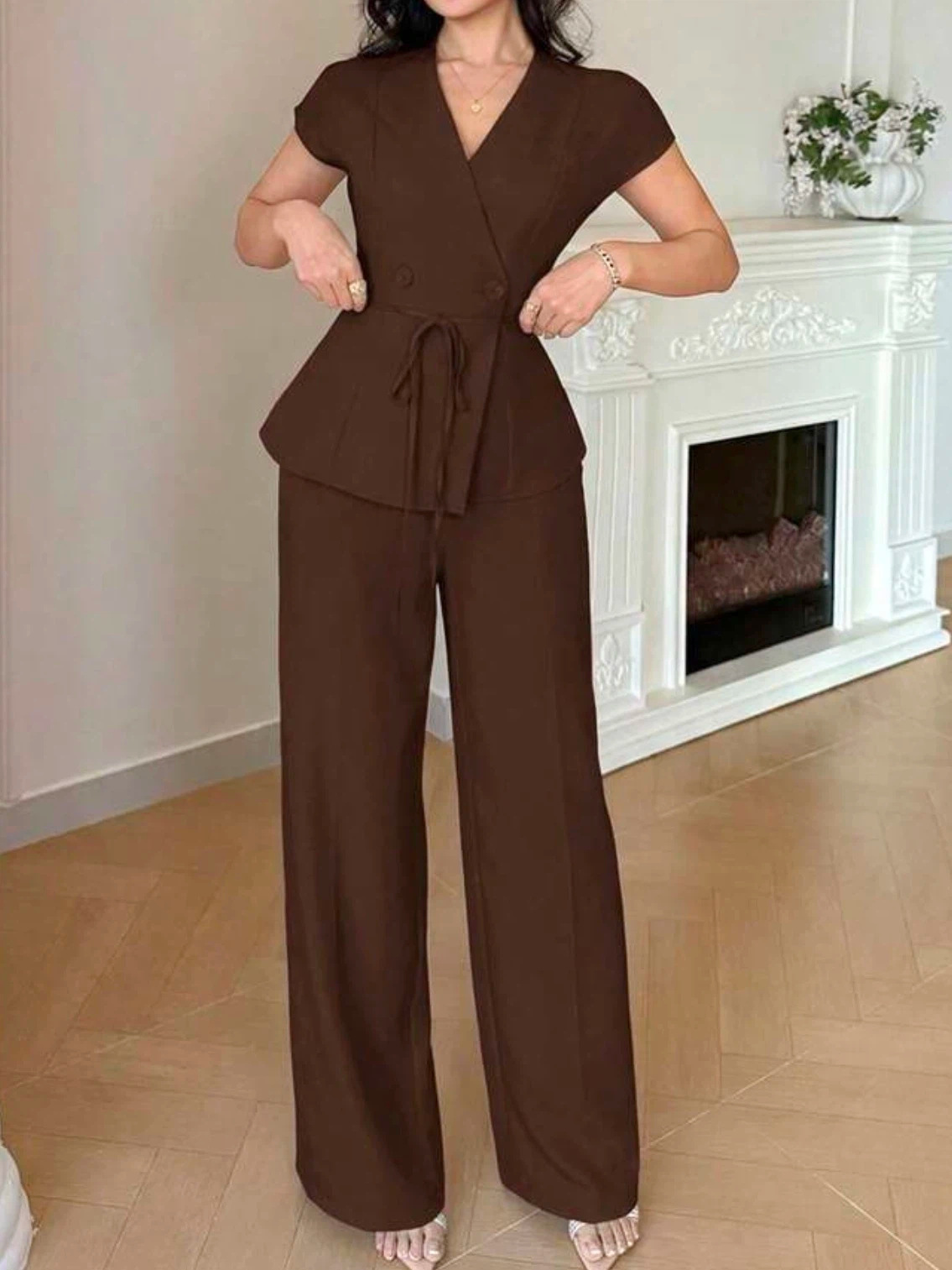 Womens Casual-Style Lace-Up Button Vest And Pants Set 8