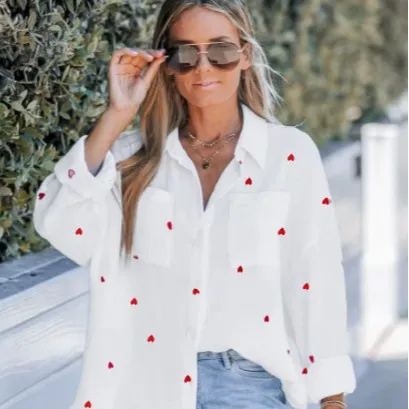 Casual Sun proof Heart Printing Loose And Comfortable Shirt Red - Shop at LoveMi
