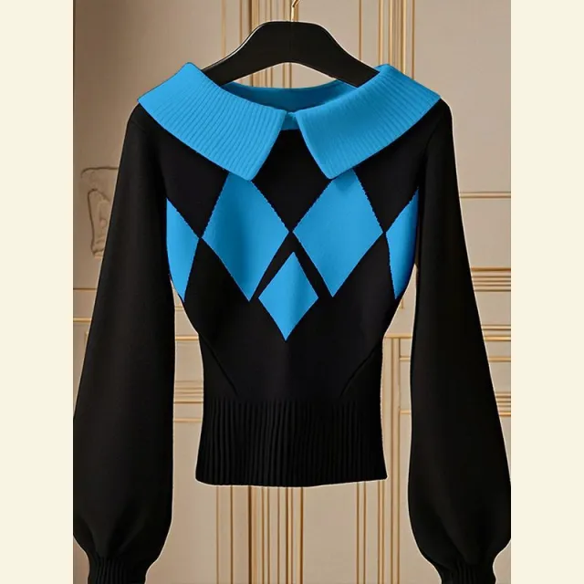 European Goods Western Style Unique Chic Niche Idle Style Black Diamond Plaid Sweater Blue - Shop at LoveMi