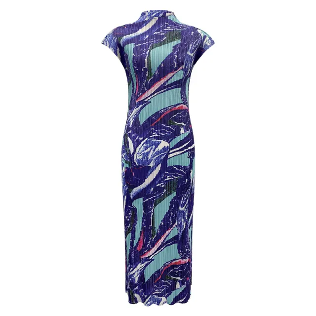 Flounced Sleeve Printed Pleated Dress Blue - Shop at LoveMi
