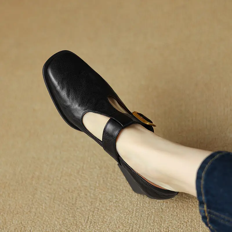 Mary Jane Leather Shoes Retro Square-toe Pumps