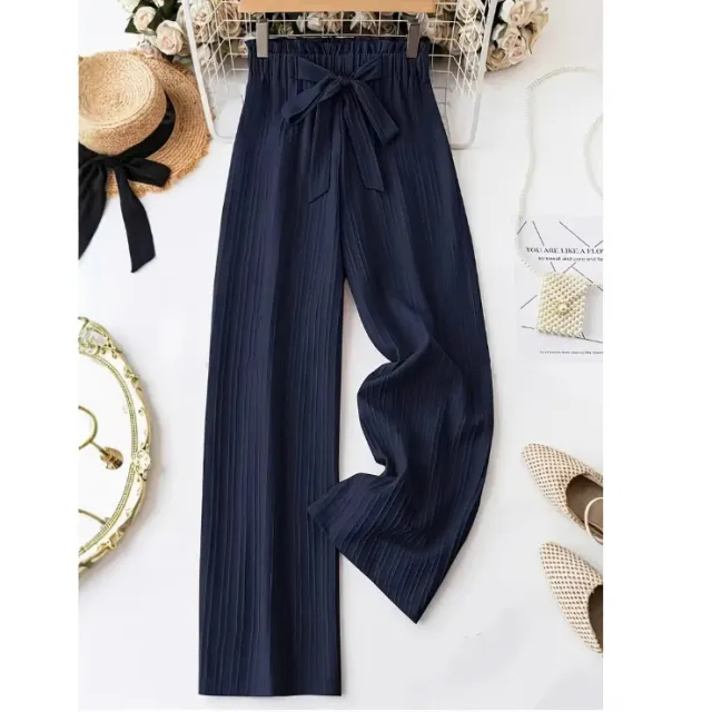 Women's Wide Leg Solid Color Casual Polyester Pant Belt Bow Detail Navy Blue - Shop at LoveMi