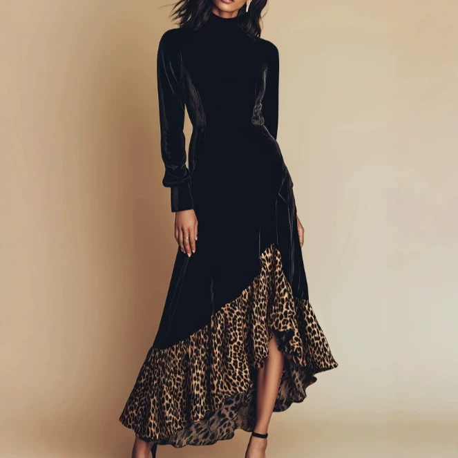 Western-style Zip-up Vintage Leopard-print Patchwork Dress