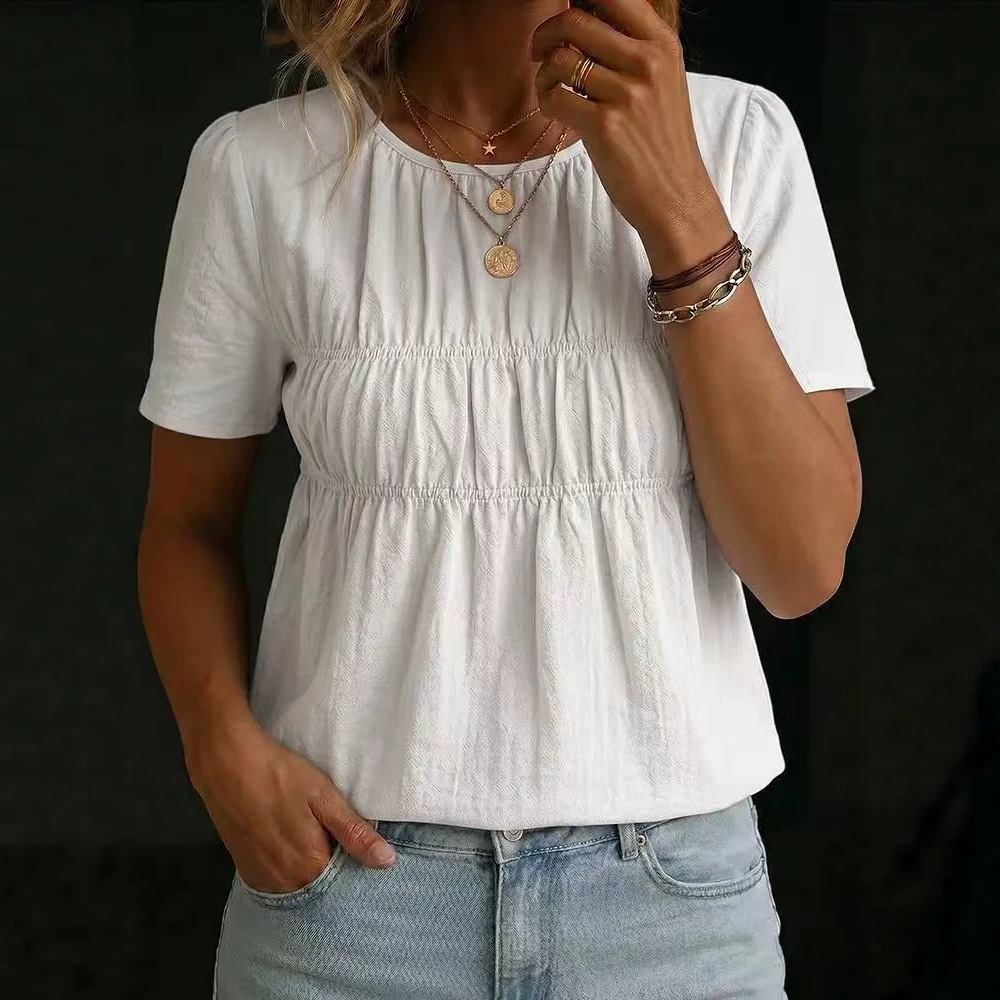 Women's Pleated Crew-Neck Short-Sleeve Top T-Shirt