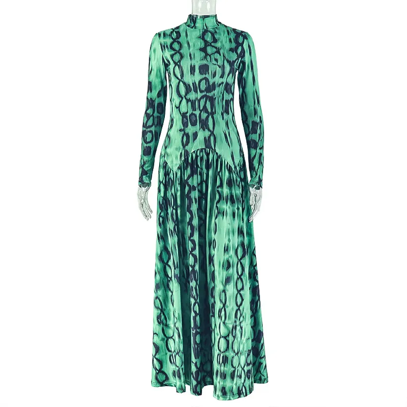 Retro Style Women's Pleated A-line High-neck Long Sleeve Printed Waist-defining Dress - Green