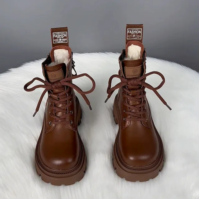 Fur Integrated Thick Bottom Female Winter Fleece lined Cotton Boots Brown - Shop at LoveMi