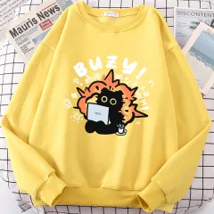 Stable State Cat Cute Print Cartoons Hoodie - Yellow - View 1