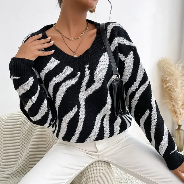 Women's Zebra Stripe Pullover Warm Thick Knit Sweater Black - Shop at LoveMi