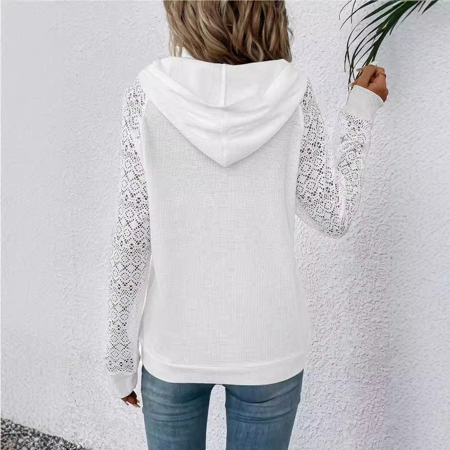 Womens Lace Waffle-Weave Casual Sweatshirt