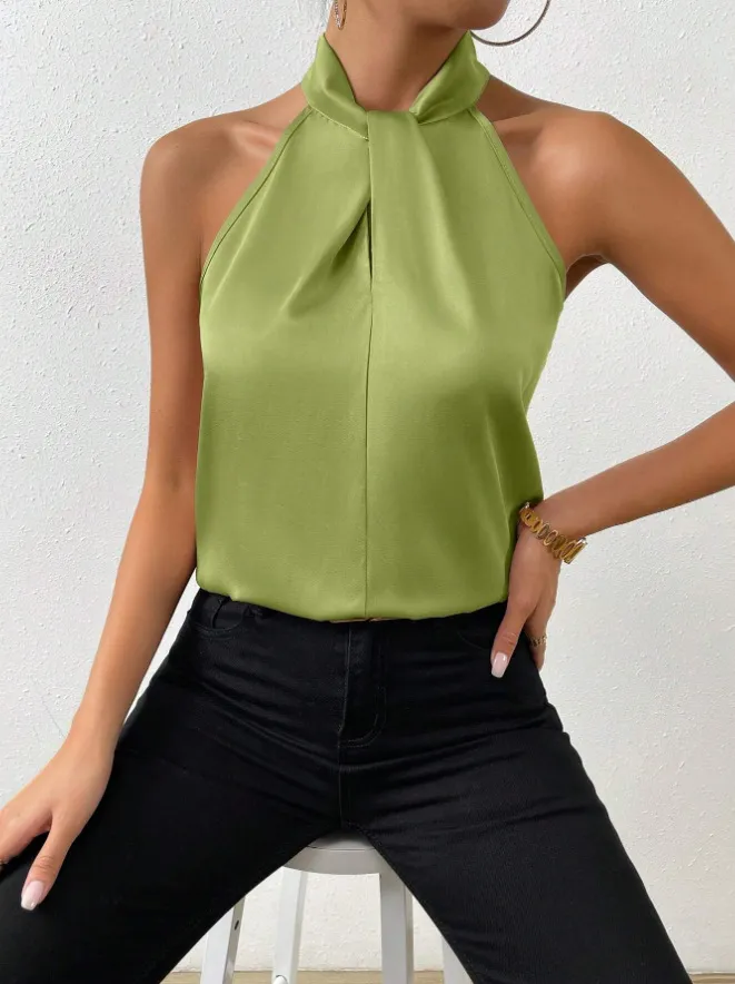 Women's Satin Halter Sleeveless Vest - Olive