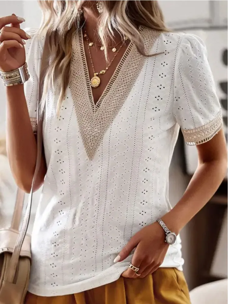 Women's V-neck Lace Loose Top Hollow Out Short Sleeve Shirt - White