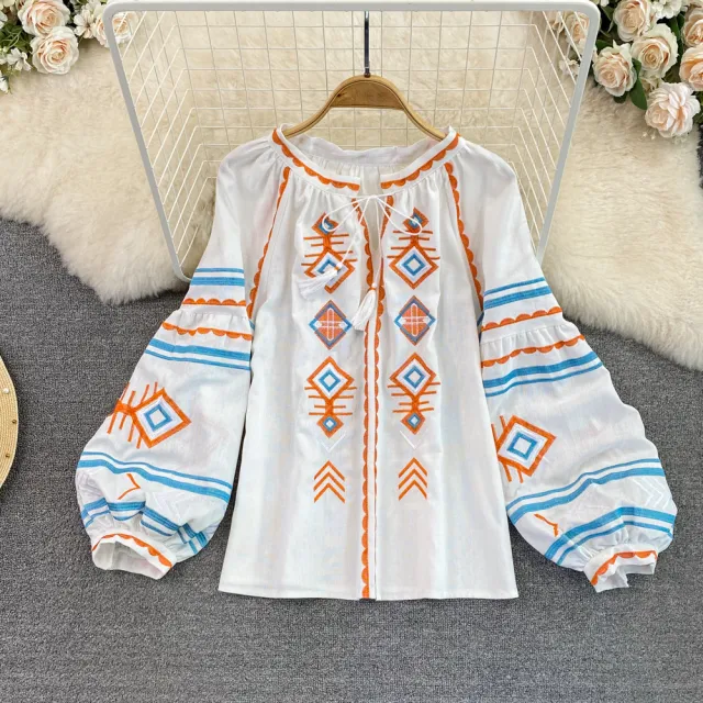 Embroidery Slimming Lantern Sleeve Doll Top White - Shop at LoveMi