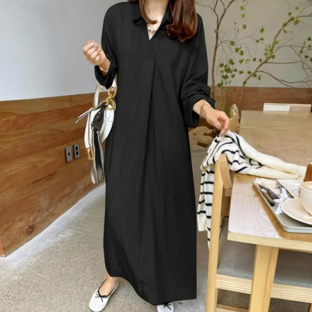 New Solid color Turn down CollarCotton linen Long sleeve Black - Shop at LoveMi