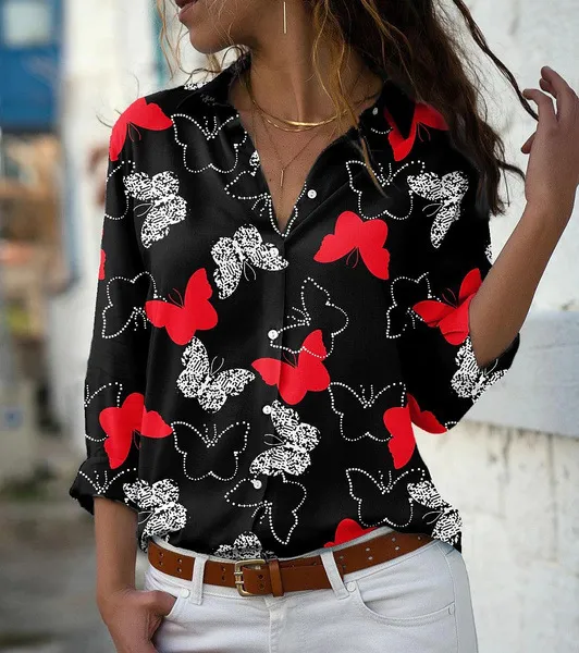 Autumn New Butterfly Print Long sleeved Shirt For Women Red - Shop at LoveMi
