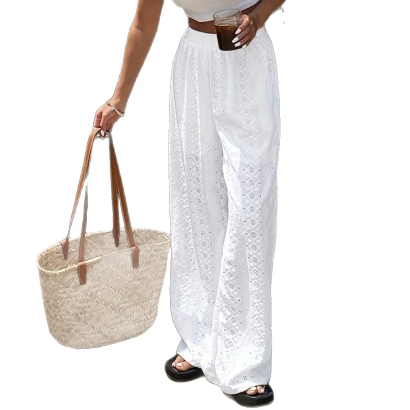 Womens Solid-Color Hollow-Out Embroidered Lace Casual Pants