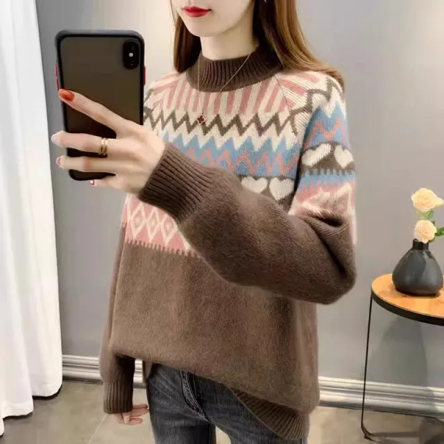 4 Autumn And Winter New Jacquard Inner Cashmere Sweater Thickened Brown - Shop at LoveMi