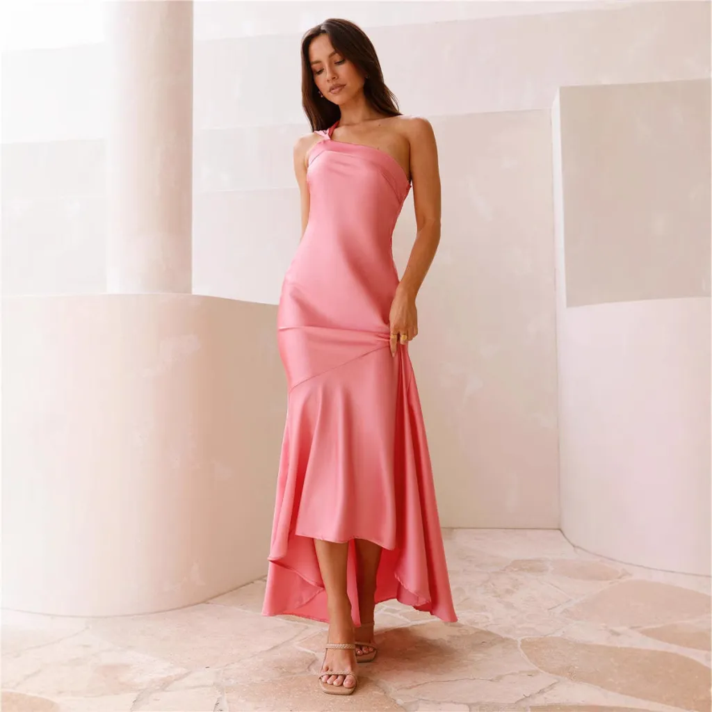 Slim-fit Oblique Shoulder Strap Backless Fishtail Dress - Peach