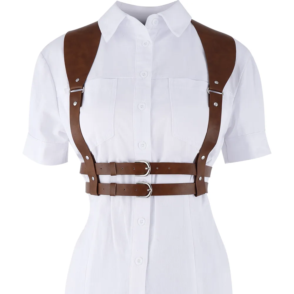 Trendy Unique Strap Binding Leather Waist Seal Punk Integrated Shirt Accessories - Brown