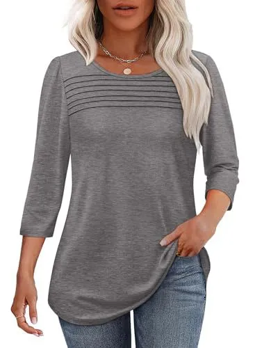 European And American Ladies Autumn And Winter Round Neck Three quarter Sleeve Chest Tuck Line Peplum Top Light Gray - Shop at LoveMi