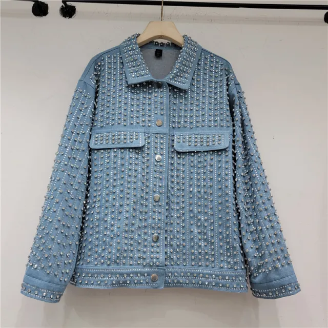 Denim Coat Women's Loose Slimming Super Heavy Work Full Diamond Jacket Top Blue - Shop at LoveMi