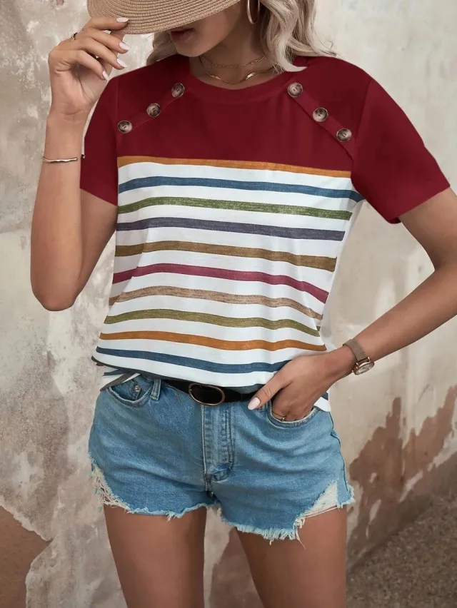 Women's Summer Stripes Printed Stitching Button Short sleeved Casual Top Wine - Shop at LoveMi