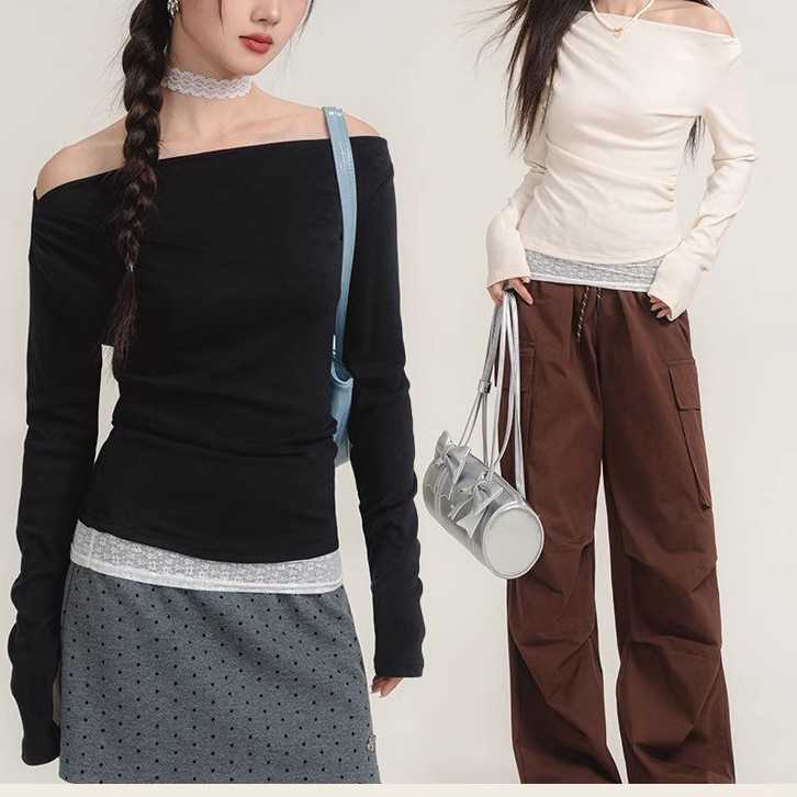 Women's Fake Two-piece Lace Off-shoulder Long-sleeved T-shirt
