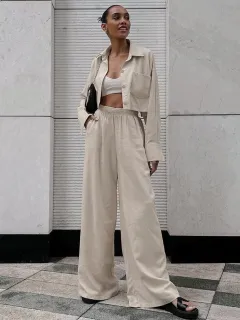 Womens Casual Fashion Shirt And Drawstring Pants Set - Khaki - View 1
