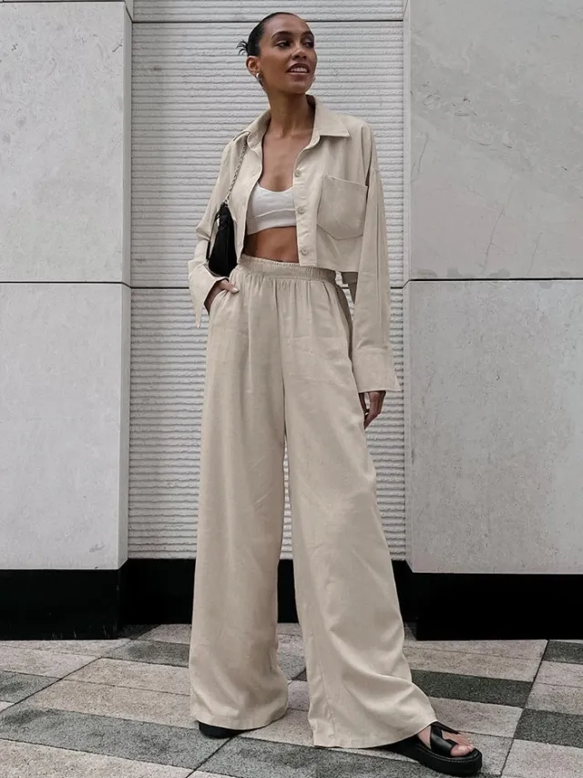 Womens Casual Fashion Shirt And Drawstring Pants Set Khaki - Shop at LoveMi