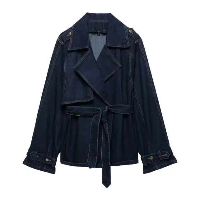 Casual Blue Belt Short Wide Design Denim Trench Coat Top - Shop at LoveMi