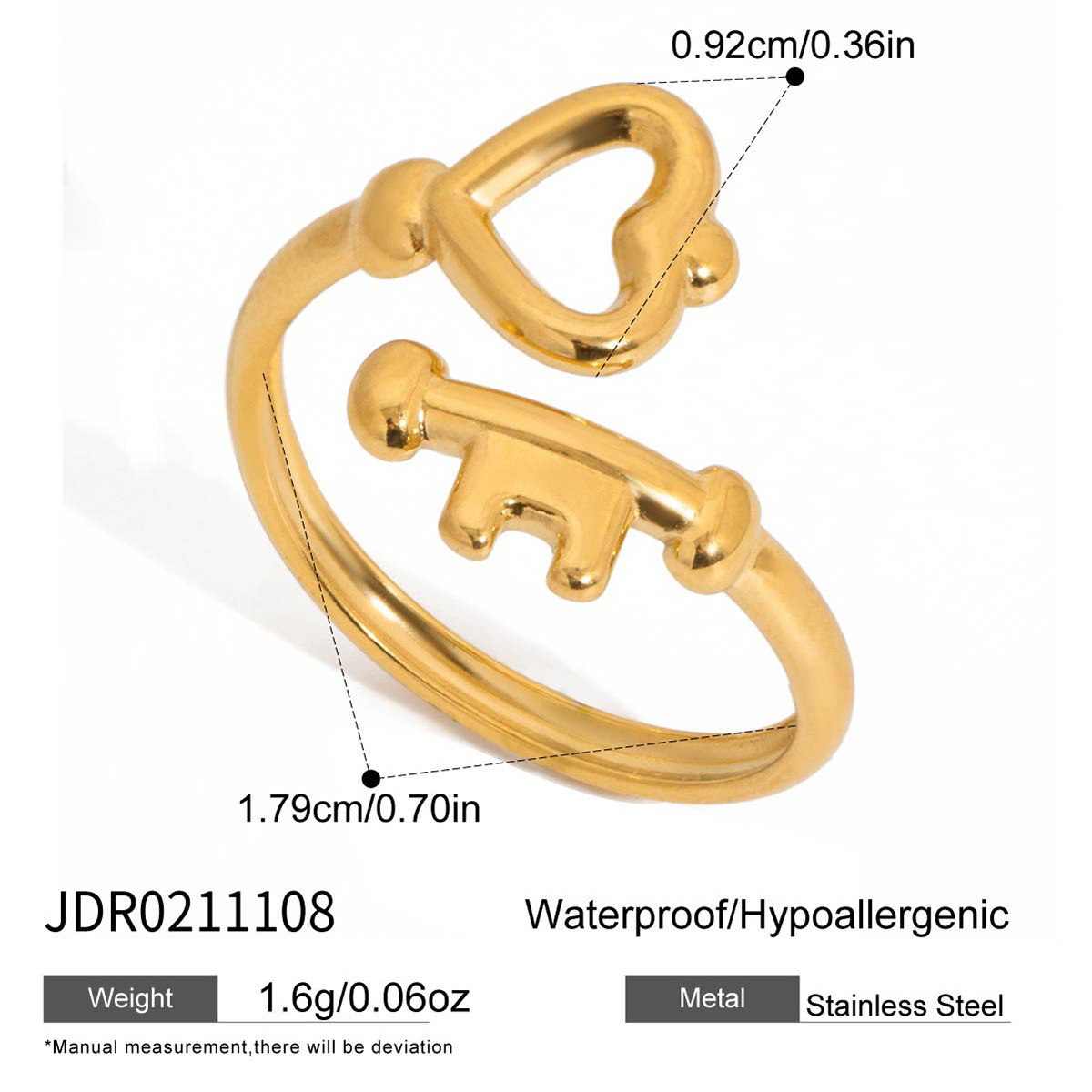 Sweet-style 18K Gold Stainless Steel Linear Heart Key Ring