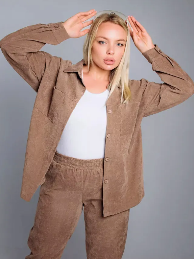 Shirt Casual Loose Corduroy Suit For Women Caramel Color - Shop at LoveMi